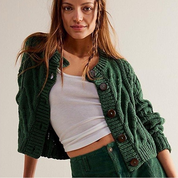 Free People Sweaters - Free People Cable Knit Green Button Cardigan - Never Worn